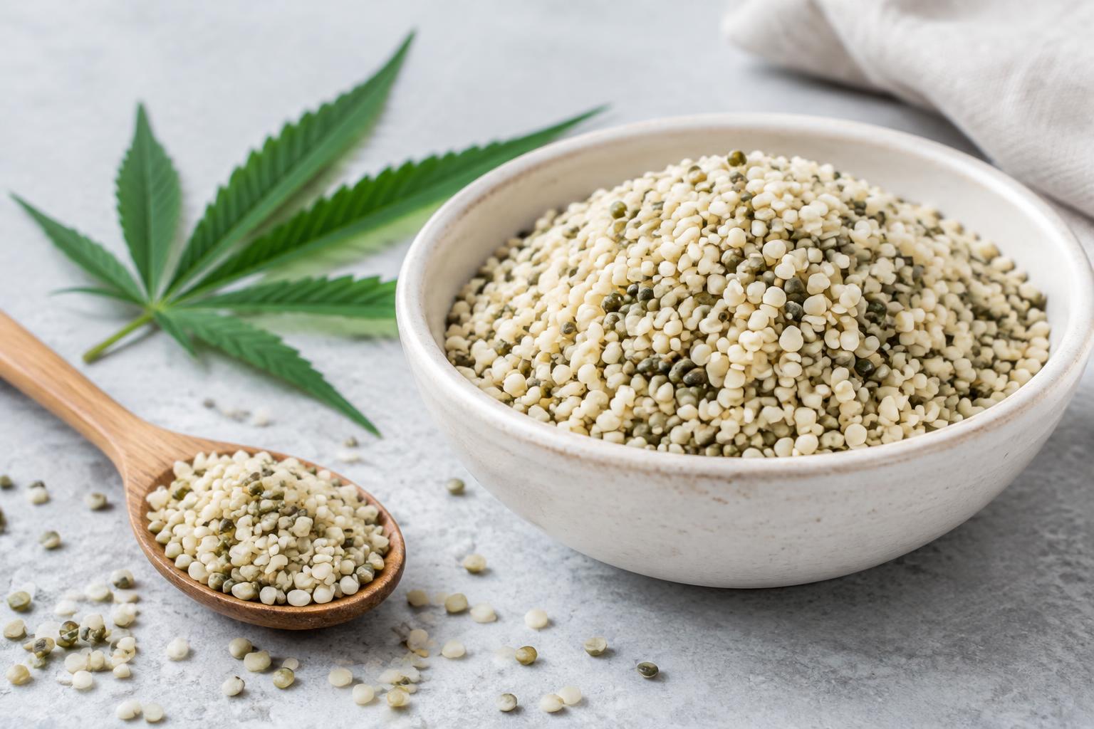 Illustrative photograph of hulled hemp seeds in a bowl beside a wooden spoon